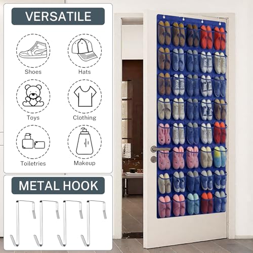40-Pocket Over the Door Shoe Organizer - Large Mesh Pocket Hanging Shoe Organizer,Behind the Door Shoes Storage Holder Hanger - color: Navy Blue