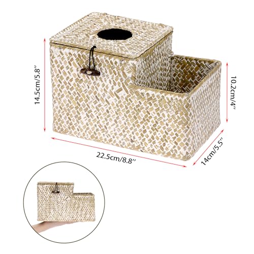Sumnacon Tissue Box Cover Square Tissue Box Woven Seagrass Tissue Box Holder with Side Organizer, Rustic Tissue Holder for Living Room Bathroom Bedroom Kitchen Office Table Desk, White - color: White