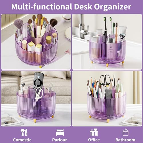Clear Rotating Makeup Organizer Countertop for Vanity, 360° Makeup Brush Holder Organizer with 5 Compartments, Transparent Cosmetic Storage for Lipstick, Skincare, Bathroom Counter(Transparent Purple) - color: Transparent Purple