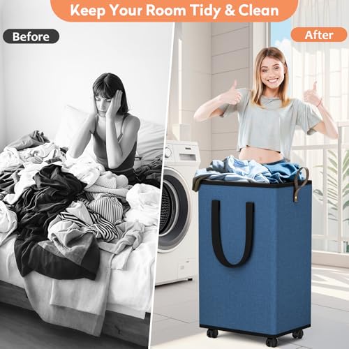 SpaceTrove Laundry Basket with Wheels, Collapsible Laundry Baskets, Laundry Hamper with Handles Detachable Wheels, Rolling Laundry Basket, Dirty Clothes Hamper for Bathroom, Dorm, Bedroom, Navy, 100L - color: Navy, size: 100L