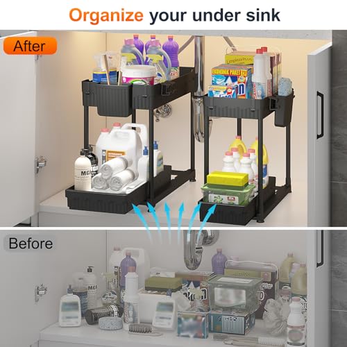 Sevenblue 4 Pack Under Sink Organizer, Bathroom Organizers and Storage, 2 Tier Multi-Use Pull Out Cabinet Organizer with Hang Hooks and Cups (Black, 4 Pack) - color: Black, size: 12.8 Inch