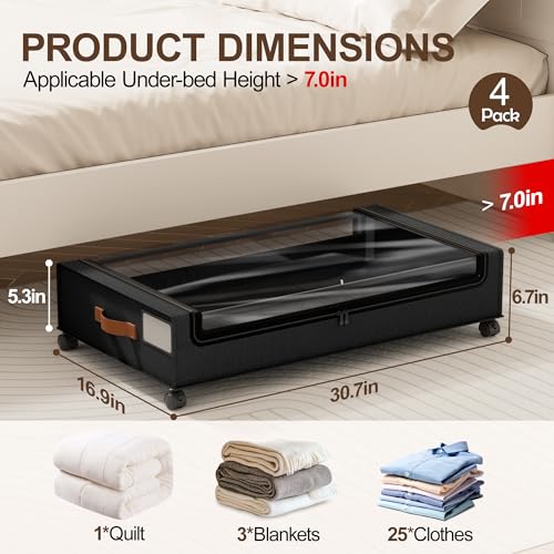 LAMU Under Bed Storage with Wheels, 4 Pack Under Bed Storage Containers with Clear Lid, XXL 60L Underbed Storage Bins, Rolling Under Bed Metal Drawers for Clothes, Blankets, Shoes, Black - color: Black, size: 4 Pack