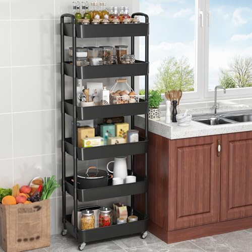 Sywhitta 6-Tier Plastic Rolling Utility Cart with Handle, Multi-Functional Storage Trolley for Office, Living Room, Kitchen, Movable Storage Organizer with Wheels, Black - color: Black, size: 6-tier