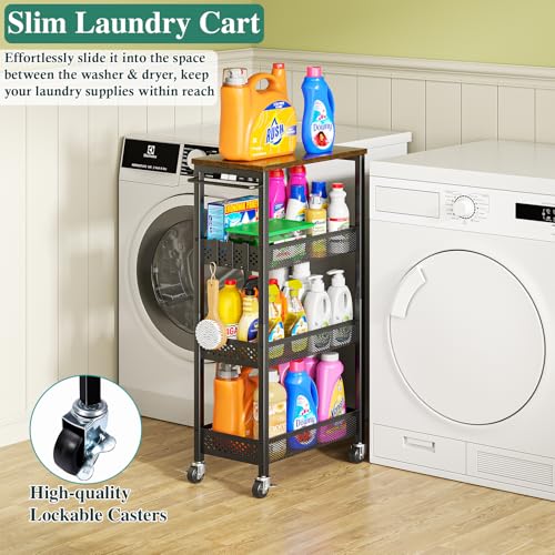OKZEST Utility Slim Storage Cart, 4-Tier Narrow Bathroom Organizer and Storage Cart, Metal Narrow Kitchen Laundry Room Organization Rack with Wood Top, Slim Rolling Shelf with Wheels for Small Space - color: Black, size: 9.1 inch wide