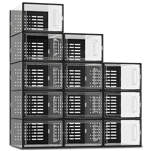SEE SPRING Shoe Storage Boxes, White Plastic Stackable Shoe Organizer for Closet, Shoe Rack & Holder Sneaker Container, 12 Pack Black