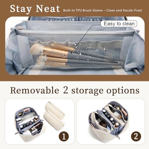 BOYATU Travel Makeup Bag Cosmetic Bags for Women: 3 Pcs Set Large Capacity Make up Bag with Handle - Waterproof Vegan Leather Toiletry Bags Travel Essentials with Compartments(C-3-White) - color: C-3-White