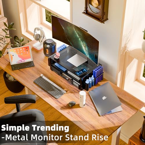Simple Trending Desk Organizer and Accessories, 2 Tier Computer Metal Monitor Stand Riser with Drawer and Pen Holder for Laptop, Computer, iMac, Black
