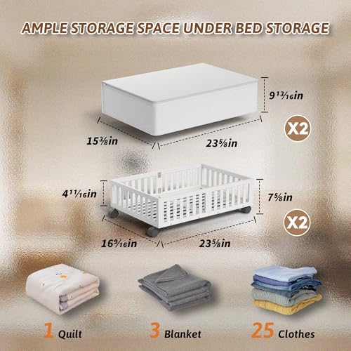 Bamboo Under Bed Storage Containers with Wheels, 2 Pack Under the Bed Shoe Storage Bins, Wood Rolling Underbed Drawers Organizer for Bedroom, Closet, Clothes Blanket Comforter and Under Crib Toy White - color: White, size: 2 PCS (23.62"×16.54")