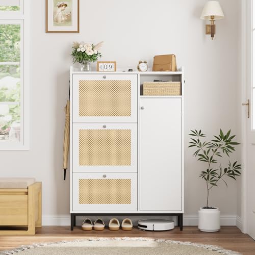 GarveeHome Shoe Cabinet Rattan with 3 Flip Drawers and 4-Tier Shoe Storage Cabinet, Freestanding Shoe Organizer with Adjustable Shelves for Entryway, Closet, Hallway (White) - color: White, size: 3-Drawers + 1-Door