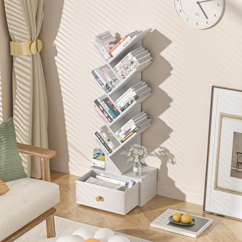 SHEEPAM 8 Tier Tree Bookshelf with Drawer, Free Standing Wood Bookcase for Living Room, Bedroom, Home Office, Space Saving Storage Organizer Bookshelves for Books, CDs, Vinyl Records- White - color: Elegant White, size: 8 Tier