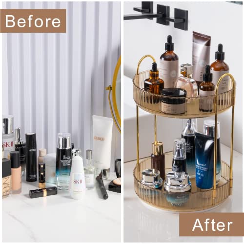 shuang qing Rotating Makeup Organizer for Vanity, High-Capacity Skincare Clear Make Up Storage Perfume Organizers Cosmetic Dresser Organizer Countertop 360 Spinning (Gold, 2 Tier) - color: Gold, size: Regular-2 Tier