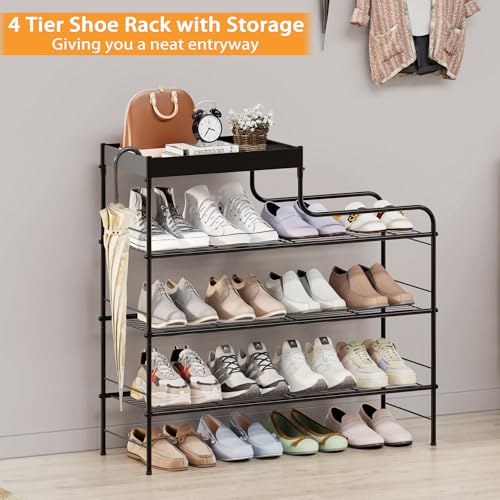 4 Tier Free Standing Shoe Racks with Storage Box, Metal Shoe Organizer for Closet with Sturdy Wire Grid, Large Capacity Shoe Rack Organizer for Entryway Corridor Living Room Balcony Bedroom, Black