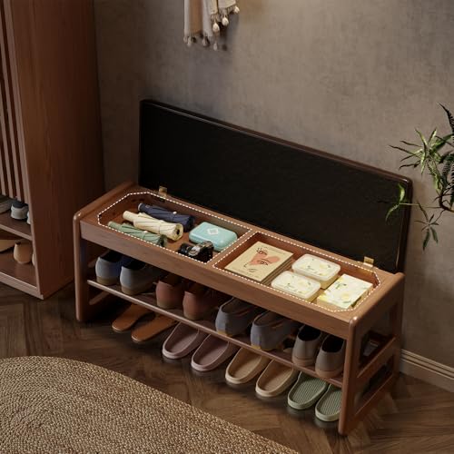 AQIMUELE Shoe Rack Bench,2 Tiers Shoe Bench with Storage with Flip-Top,Wood Shoe Rack for Entryway,Hallway（Dark Walnut Upholstered Seat,11.8" D x 39.3" W x 15.7" H） - color: Dark Walnut Upholstered Seat, size: 11.8"D x 39.3"W x 15.7"H