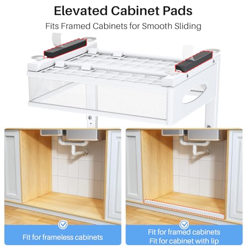 Under Sink Organizer, 2 Pack 2 Tier Pull Out Under Cabinet Organizer Shelf with Pad for Framed Cabinets, Metal Slide Out Under Sink Storage, Mesh Sliding Drawers for Kitchen Bathroom Laundry, White - color: White, size: 2-Pack