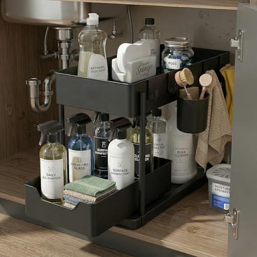 Under Sink Organizer – 2 Tier Sliding cabinet organizer with 4 Hooks & 1 Cup | Multi-Purpose Space Saving Shelf for under kitchen sink storage, Countertop, Bathroom, Pantry & Office Organization
