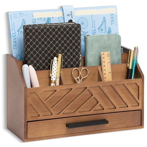 dreampossible Brown Wood Desk Organizer and Accessories with Drawer, Bill Mail Organizer and File Mail Holder for Office Supplies, Modern Desk Accessories & Workspace Organizers for Desk Organization - color: Brown A