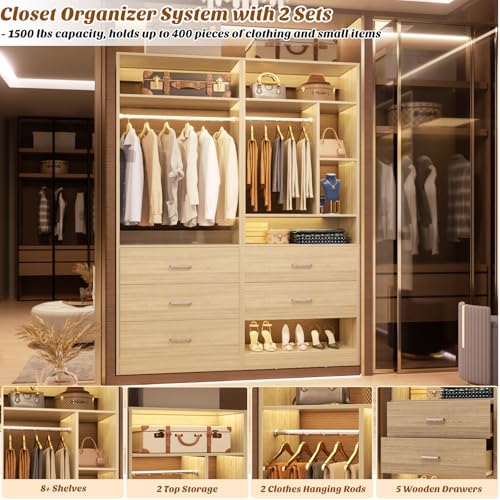 Besiost 4FT Closet Systems with 5 Wood Drawers, 48 Inch Closet Organizer System with 2 Hanging Rods & 7 Shelves, 48" Walk-in Closet, White Oak (48"L x 15" W x 80" H) - color: White Oak