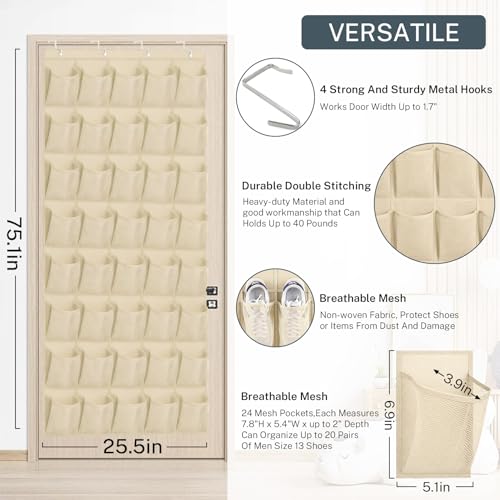 40-Pocket Over the Door Shoe Organizer - Large Mesh Pocket Hanging Shoe Organizer,Behind the Door Shoes Storage Holder Hanger - color: Beige