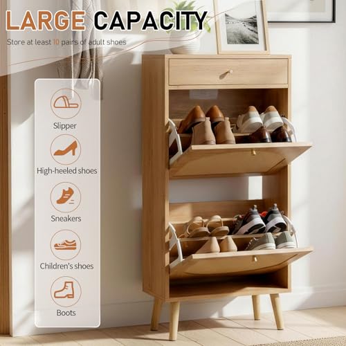 Karl home Shoe Rack Storage Organizer, Rattan-Panel 1-Drawer 2-Tilt-Out Shoe Storage Cabinet, Hidden Shoe Storage for Entryway,Ideal for Heels,Slippers,Casual Shoes,Natural Wood Finish - color: Natural Wood Finish, size: 1-Drawer 2-Tilt-Out
