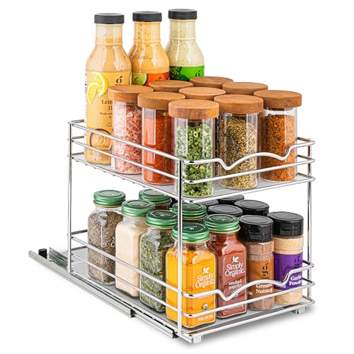 Pull Out Cabinet Organizer for Spices, Cans - Heavy Duty with Lifetime Limited Warranty- Pull Out Spice Rack- Cabinet Pull Out Shelf for Cans,Dishes, Etc, 8-1/2"W x10-3/8"Dx8-7/8"H, Chrome - size: 8 Inch - Double