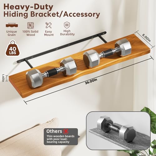 Floating Shelves for Wall Rustic Farmhouse 36 Inch Floating Shelf Bathroom Wooden Shelves for Wall Mounted Live Edge Pine Shelf with Unique Natural Grain for Bedroom Kitchen (Honey Walnut) - color: Honey Walnut, size: 36 inch - 2pcs