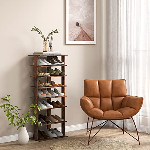 Tangkula 8-Tier Vertical Shoe Rack, Space-Saving Corner Shoe Organizer for 14 Pairs, Narrow Shoe Storage for Entryway, Front Door, or Closet - color: Rustic Brown, size: 10" x 18.5" x 43.5"