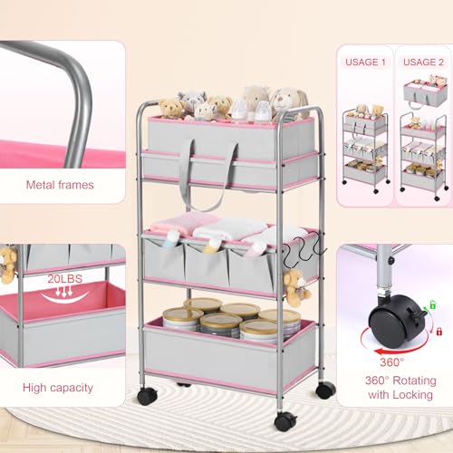 FoldTier 2in1 Baby Diaper Caddy Organizer Cart 3 Tier Large Capacity Metal Utility Bedside Rolling Cart with Divider Newborn Registry Nursery Essential Must Have Bedroom Gift Baby Shower(Pink) - color: Pink