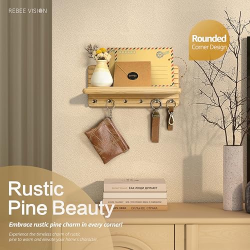 Rebee Vision Decorative Key Holder Wall Mount – Farmhouse 11-Inch Pine Wooden Key Holder for Wall with 6 Hooks & Floating Shelf - Chic and Functional Home Decor Solution (Natural Wood) - color: Natural Wood, size: Medium-11inch