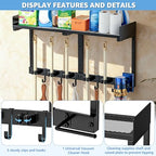 HUFAND Broom Holder Wall Mount, 27" Large Mop and Broom Organizer Wall Hanging with Top Storage Shelf & Vacuum Hook, Heavy Duty Iron Utility Rack for Laundry Room, Garage, Kitchen, Garden - Black - size: Large