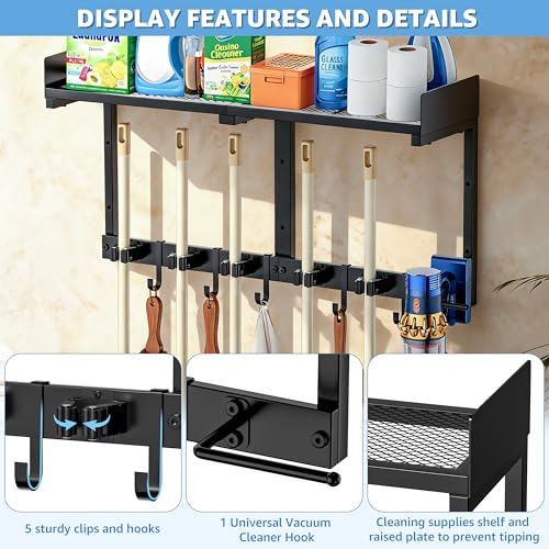 HUFAND Broom Holder Wall Mount, 27" Large Mop and Broom Organizer Wall Hanging with Top Storage Shelf & Vacuum Hook, Heavy Duty Iron Utility Rack for Laundry Room, Garage, Kitchen, Garden - Black - size: Large