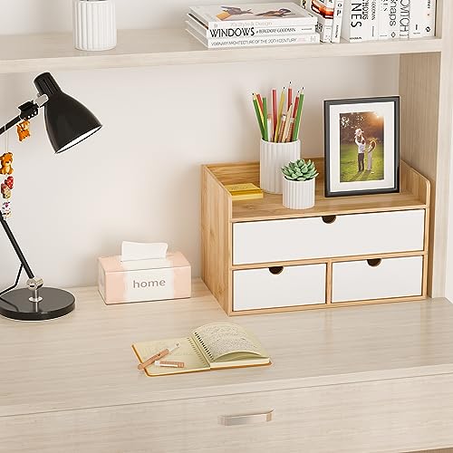 Desk Organizer with Drawers - Bamboo Desktop Organizer Storage | Natural-White Wood Desk Drawers Organizer for Bills, Office Supplies, Cosmetics, Seals No Assembly Required - color: 2 Natural-White, size: 13”L x 6.6”W x7.87”H