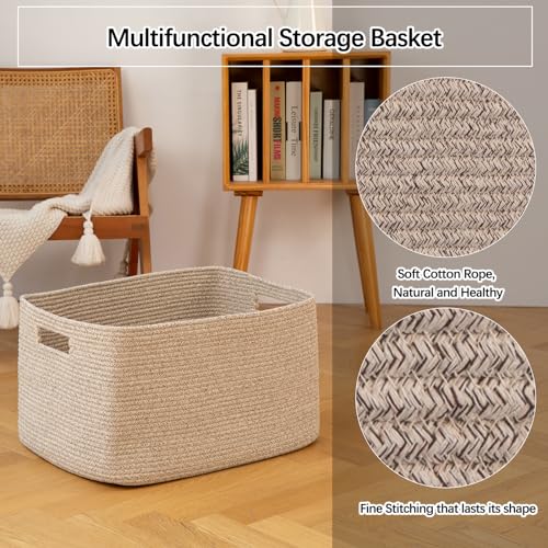 OIAHOMY Cotton Rope Basket, Rectangle Woven Nursery Blanket Basket, Toy Storage Basket with Handle, Baskets for Organizing, 18”x14”x12”, Brown variegated - color: Brown variegated, size: 18”x14”x12”