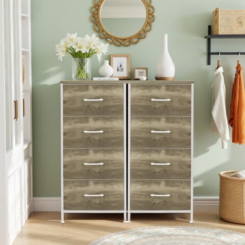Nightstand, 4 Drawer Dresser End Table Bedside Furniture with Wooden Top Steel Frame Fabric Bins for Bedroom, Closet, Entryway, Dorm, Living Room, Greige Oak - color: Greige Oak, size: 11.8"D x 17.7"W x 37.4"H (4 Drawers)