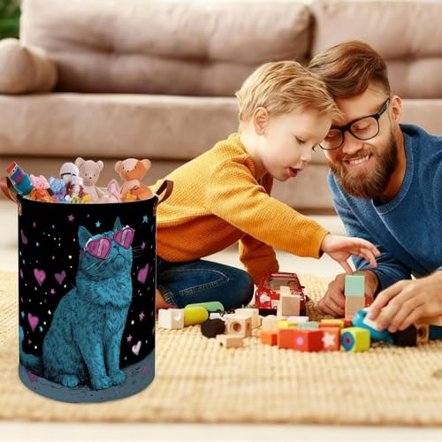 Laundry Basket 15.75 x 15.75 x 19.7 Inch Oxford Fabric Clothes Hamper with Blue Cat in Sunglasses Design Foldable Storage Bin with Handles for Bedroom Bathroom Dorm and Laundry Room Décor - color: Colorful588