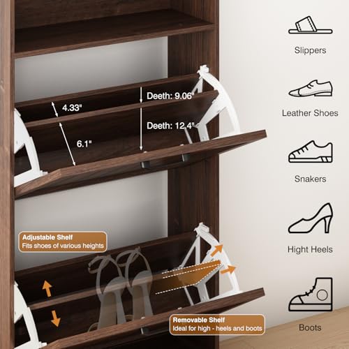 Shoe Storage Cabinet with 2 Flip Drawers, 24" W Farmhouse Modern Hidden Shoes Rack Cabinet with Adjustable Shelves & Open Storage, Narrow Slim Shoe Organizer for Front Door Entrance, Entryway, Walnut - color: Brown, size: 2-Drawers