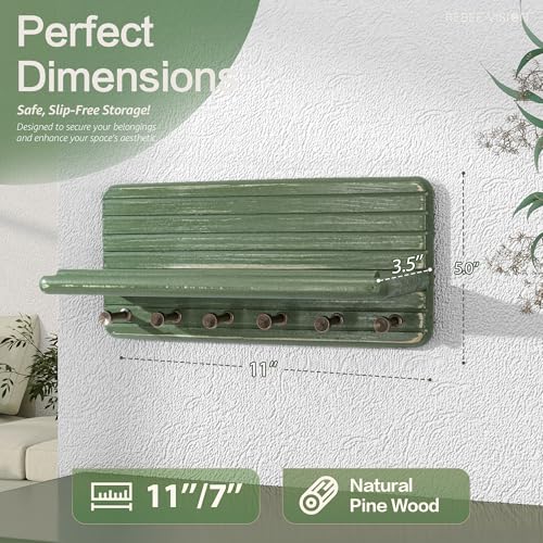 Rebee Vision Pine Wooden Key Holder Wall Mount for Home Decor – Decorative Key Holder for Wall with 6 Hooks & Floating Shelf – Rustic Organizer for Room Decor Aesthetic (Green) - color: Green, size: Medium-11inch