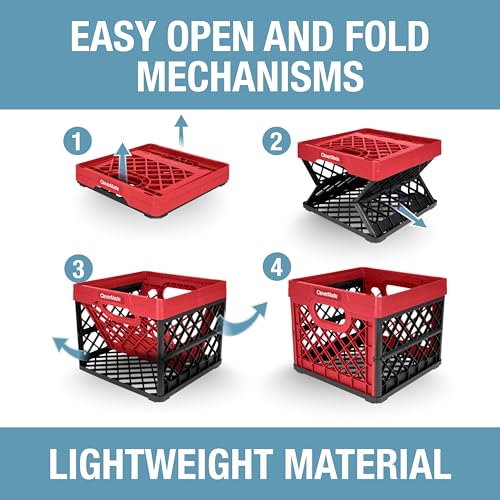 CleverMade Collapsible Milk Crate 25L (6.6 Gal), 50 lb Capacity Heavy Duty Folding Crate – Stackable Storage Crates with File Rails, Plastic Collapsible Crates - Red - color: Red, size: 1 Pack