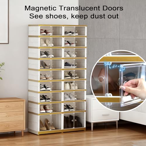 SYNCVIBE Shoe Rack Organizer for Closet Entryway Foldable Sneaker Storage Shoe, Collapsible Shoe Cabinet, Stackable Shoe Storage Cabinet with Lids for Living Room (9 Tiers -36 Pairs White Gold) - size: 9 Tiers -36 Pairs White Gold