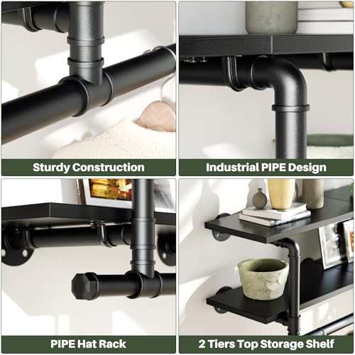 Aheaplus Industrial Pipe Clothes Rack with Top Shelf, 59In Space-Saving Wall Mounted Clothing Rack, 2 Tiers Heavy Duty Pipe Clothing Shelves with Hanging Rod for Laundry Room, Closet Storage, Black - color: Black, size: 59IN