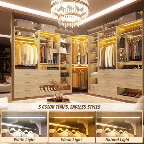 Besiost Corner Closet System with 2 Motion Sensor Lights, 39.2" Corner Closet Organizer with 12 Shelves, Closet System with 2 Hanging Rods, Versatile 6-Tier Walk-in Closet for Corner Space, White Oak - color: White Oak, size: 39.2" - With 2 Sensor Lights