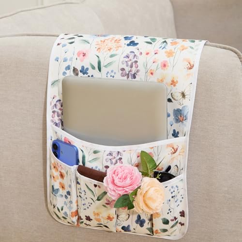 FLYILY Sofa Armrest Organizer Non-Slip Arm Chair Hanging Caddy Remote Control Holder for Magazine,Tablet, Phone, Books, Glasses(PurpleFlower,13in) - color: PurpleFlower, size: 35"x13"