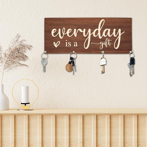 Everyday is A Gift Wooden Key Holder for Wall - 5"x10" Key Organizer Hanger with 4 Hooks for Home Front Door Hallway Entryway Kitchen - Home Office Decor & Housewarming Gifts Supplies - A04 - color: Everyday Is A Gift