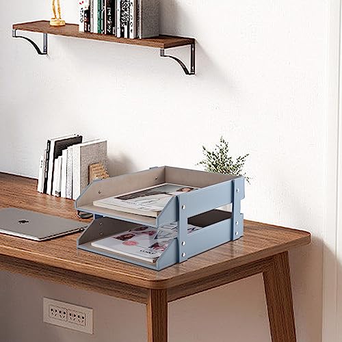 Leather Desk Letter Tray,Office Supplies Paper Organizer for Mail Paper Files Magazines Jewelry Cosmetics,Fashion Letter Holder& 2-Tier Multipurpos Stackable Office Desktop Storage Box,Grey - color: Gray