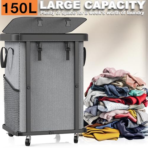 150L (40 Gal) Large Fashion Laundry Basket with Wheels, Leather Patchwork Rolling Hamper Carts, Sturdy Metal Frame, Removable Washable Bag, Tall Clothes Sorter for Bedroom, Laundry Room - Gary - color: Gray, size: 1 Section-150L