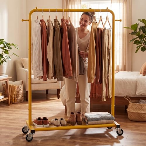 Sywhitta Clothing Rack on wheels, Clothes Rack with Bottom Mesh Storage Shelf,Sturdy Metal Frame,for Hanging Clothes,Coats,Skirts,39.76 "W x 16.06" D x 63.78" H,Gold Yellow - color: Gold Yellow