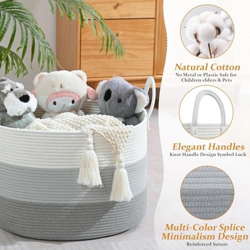 Extra Large Toy Basket, 20"x13" Kids Toy Storage for Playroom Classroom Nursery, Woven Rope Blanket Basket with Handles, Stuffed Animal Organizer & Dog Toys Basket, Gray - color: Gray - Wide