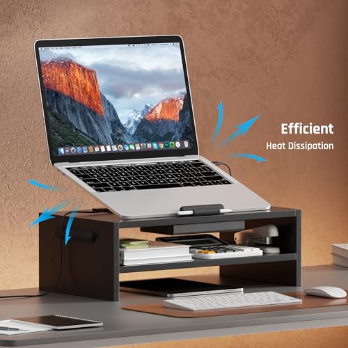 AFOOYO Adjustable Wood Laptop Stand, Ergonomic Height Angles Computer Holder Riser for Desk Compatible with Air, Pro, Dell, HP, Lenovo More 10-17.3" Laptops, Black - color: Black, size: Simple Design