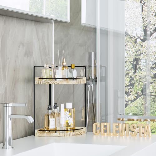 Corner Bathroom Counter Organizer, 2 Tier Wood Vanity Storage, Waterproof Skincare Shelf for Kitchen & Toiletries Decor, Dresser (Rustic-2 Tier) - color: Rustic-2 Tier
