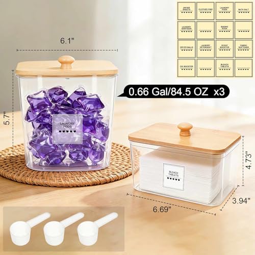 4 Pack Laundry Pods Container and Dryer Sheet Holder with Bamboo Lids, Laundry Room Organization Set with Labels and Scoops for Detergent Powder, Scent Booster Beads, 2600 +2000ml/0.53+0.7gal