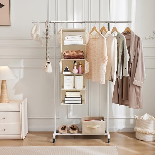 MAX Houser 5 Shelf Hanging Closet Organizer, Space Saver, Cloth Hanging Shelves with 4 Side Pockets, Foldable, Beige - color: Beige-6
